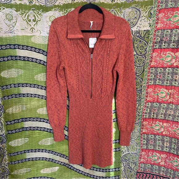 NWT Free People Red Jasper Mont Blanc Long Sleeve Mini Sweater Dress Size Large - Picture 2 of 16